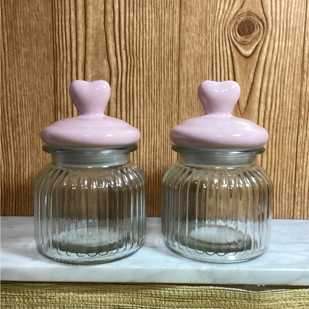 Pink Heart Lid Glass Jars - Set of 2. 7” Jars